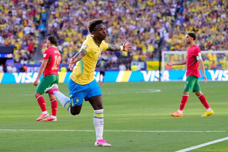 Brazil Vinicius Junior celebrates goal against Morocco at 2026 World Cup Brazil Vinicius Junior celebrates goal against Morocco at 2026 World Cup