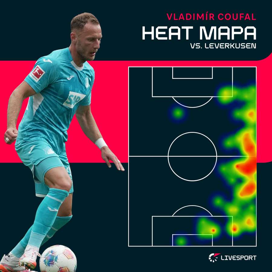 Heat mapa Vladimíra Coufala proti Leverkusenu.
