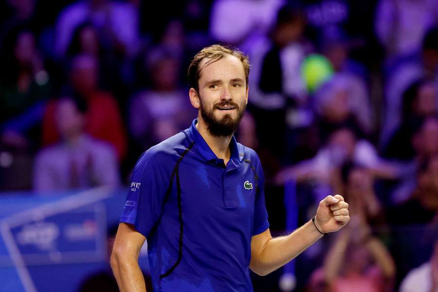 Daniil Medvedev celebrates winning his quarter-final match against Adrian Mannarino in Vienna