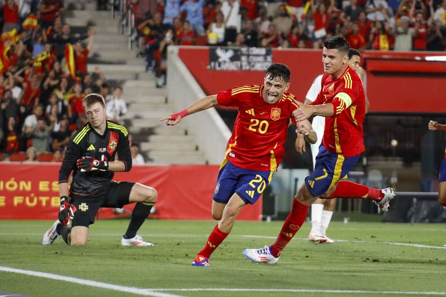 Spain's Pedri celebrates scoring a brace against Northern Ireland