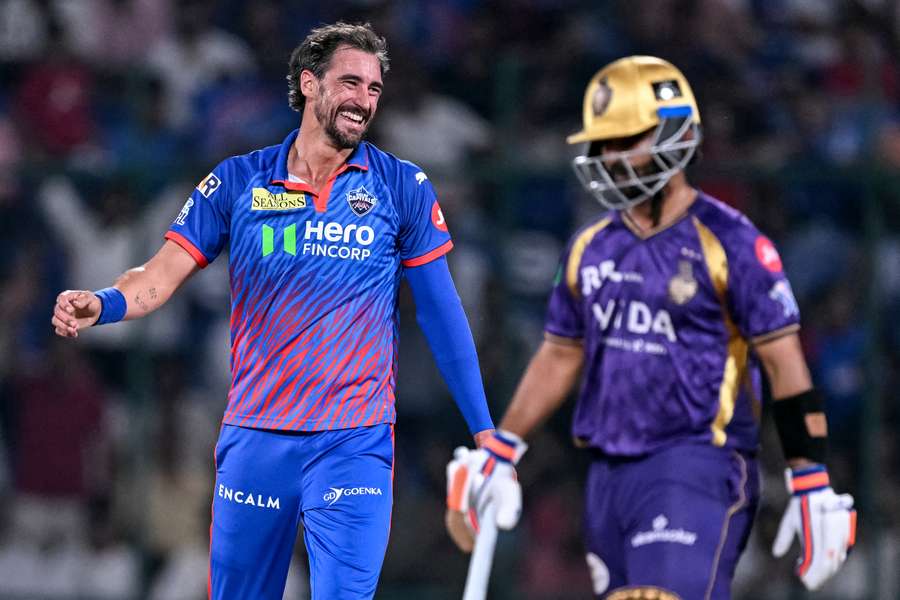 Mitchell Starc celebrates dismissing Ajinkya Rahane in the IPL on Saturday night. Mitchell Starc celebrates dismissing Ajinkya Rahane in the IPL on Saturday night.