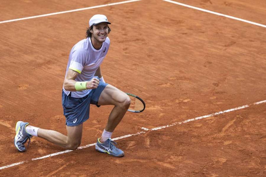 Nicolas Jarry reacts after beating Grigor Dimitrov to claim his third trophy of his career