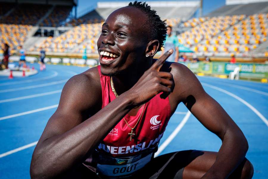 Gout Gout celebrates after winning the 100 metres in Brisbane