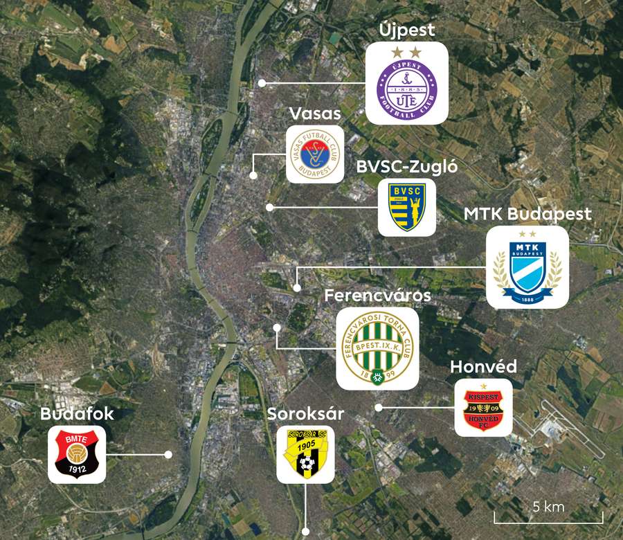 Ferencváros, MTK y Újpest están actualmente en la primera división. El Honvéd y otros cuatro equipos de Budapest juegan en una competición inferior.