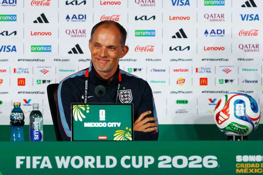 England manager Thomas Tuchel shares a lighter moment with reporters at his MD-1 press conference. 