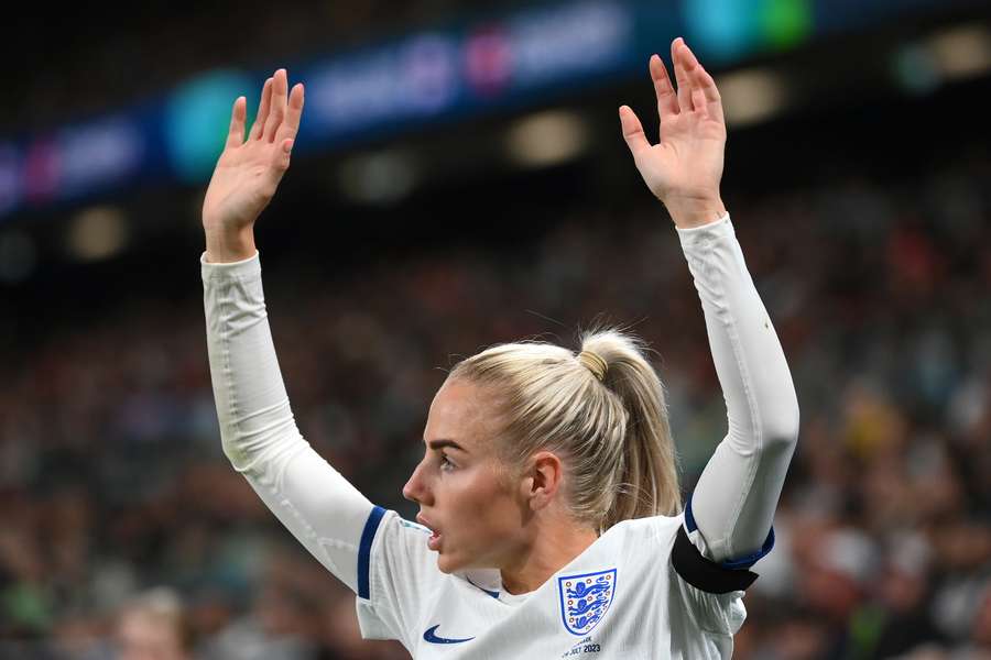 England's defender #05 Alex Greenwood reacts