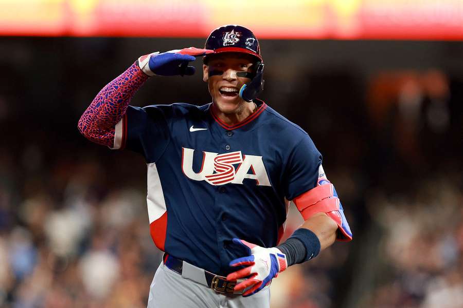 Aaron Judge celebrates after hitting home run during 2026 World Baseball Classic