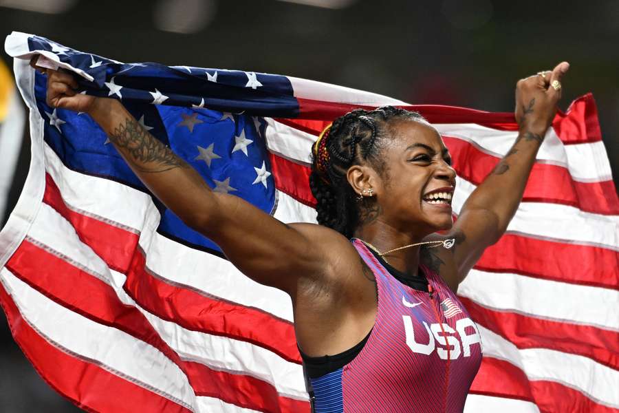 Sha'Carry Richardson celebrates winning her first world title