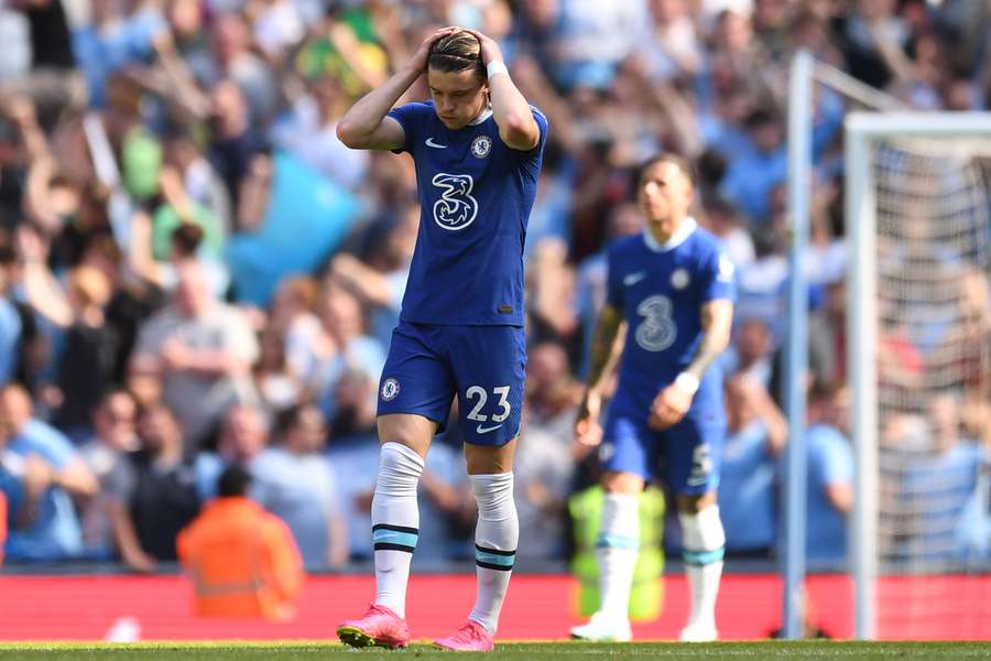 Chelsea's English midfielder Conor Gallagher reacts after Chelsea conceded the opening goal