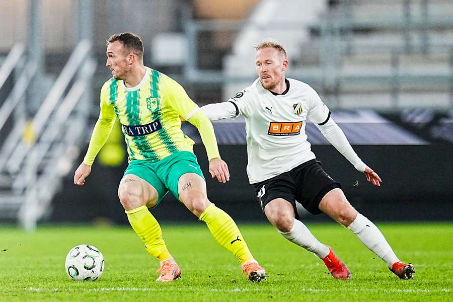 Larnaca's Djordje Ivanovic protects the ball from Hacken's Mikkel Rygaard Larnaca's Djordje Ivanovic protects the ball from Hacken's Mikkel Rygaard