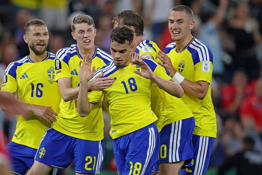 Sweden celebrate after Yasin Ayari (18) opened the scoring Sweden celebrate after Yasin Ayari (18) opened the scoring
