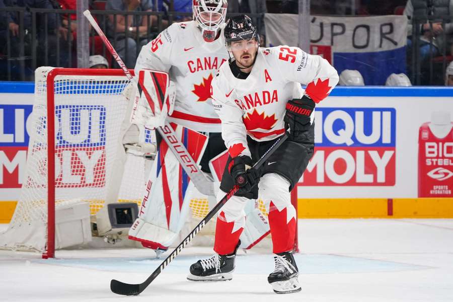 MacKenzie Weegar on the ice for Canada during the World Championship