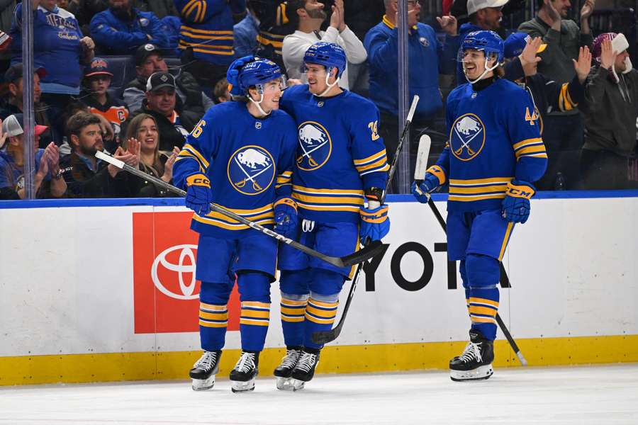Buffalo Sabres players celebrating a goal (2025)
