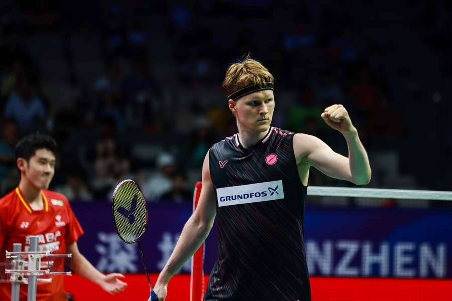Anders Antonsen celebrates his win against the rising Chinese star Hu Zhean Anders Antonsen celebrates his win against the rising Chinese star Hu Zhean