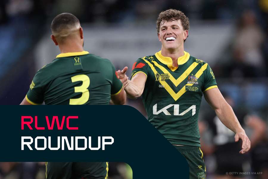 Jack Bostock (right) celebrates his magical Rugby League World Cup debut with Latrell Mitchell (left).