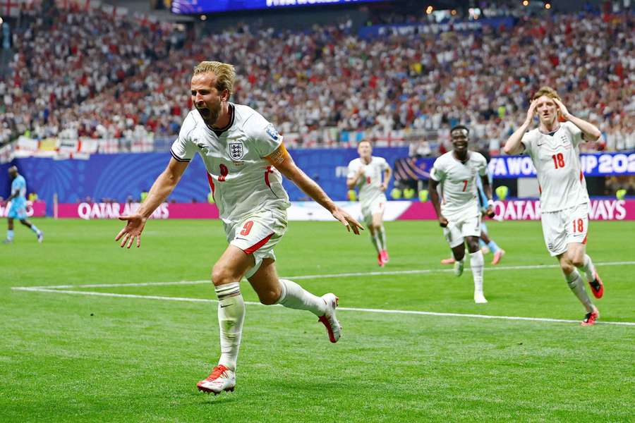 England's Harry Kane celebrates after scoring their second goal England's Harry Kane celebrates after scoring their second goal