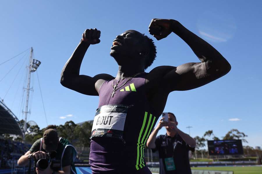Gout Gout reacts after winning the men’s 200m final at the Australian Athletics Championships in Sydney