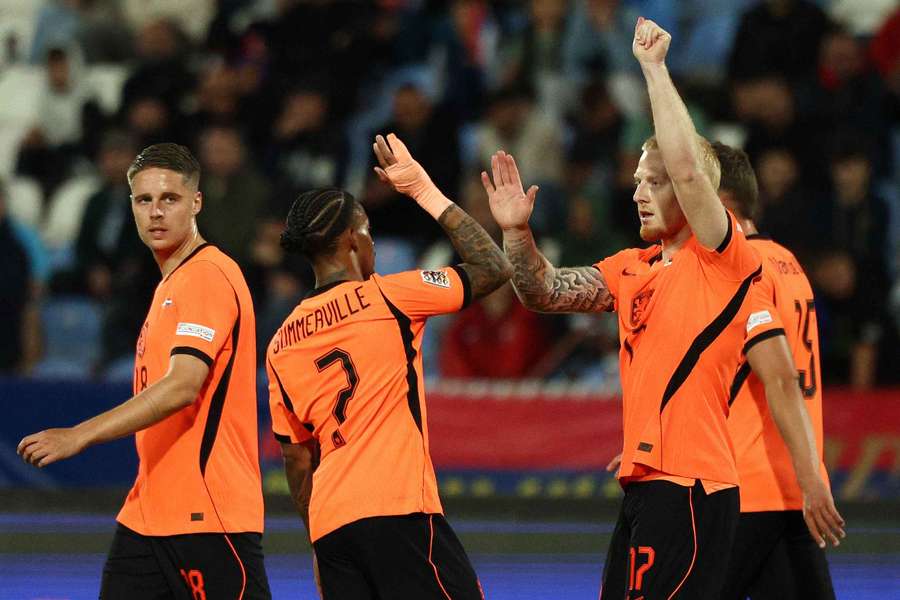 Netherlands' Mexx Meerdink celebrates scoring their second goal with teammates Netherlands' Mexx Meerdink celebrates scoring their second goal with teammates