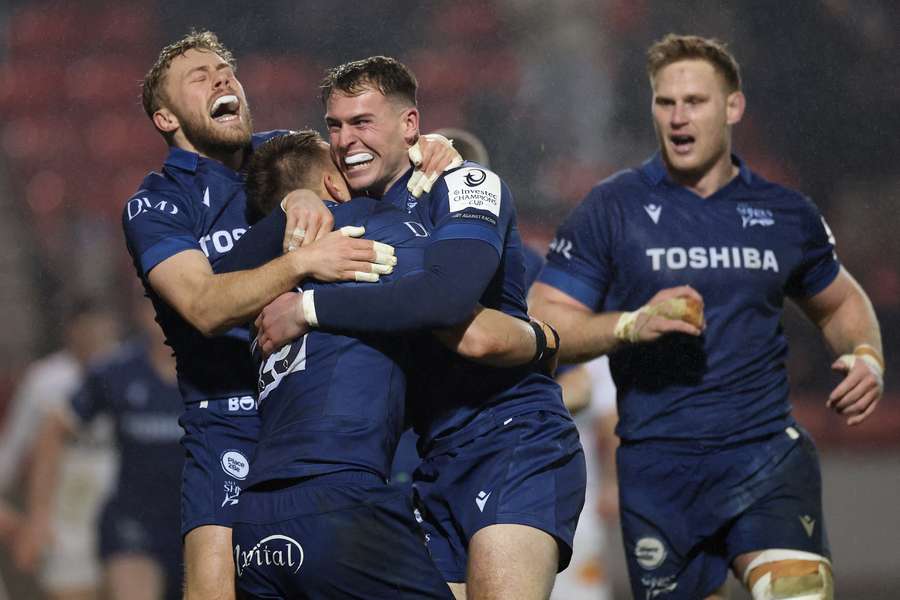 Sale Sharks celebrate Joe Carpenter's try against Racing 92