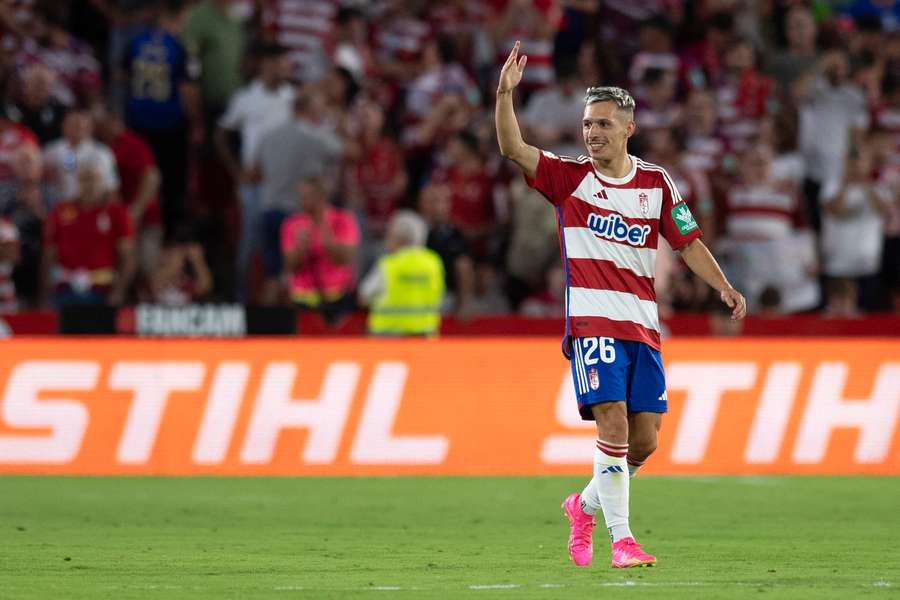 Granada's Spanish forward #26 Bryan Zaragoza celebrates after scoring his team's second goal