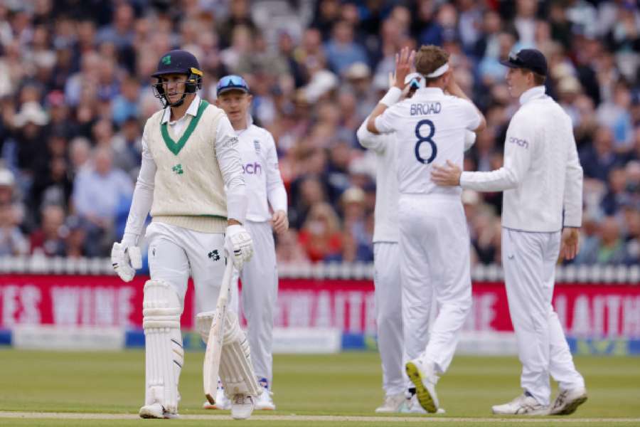 Broad celebrates the wicket of Ireland's Peter Moor