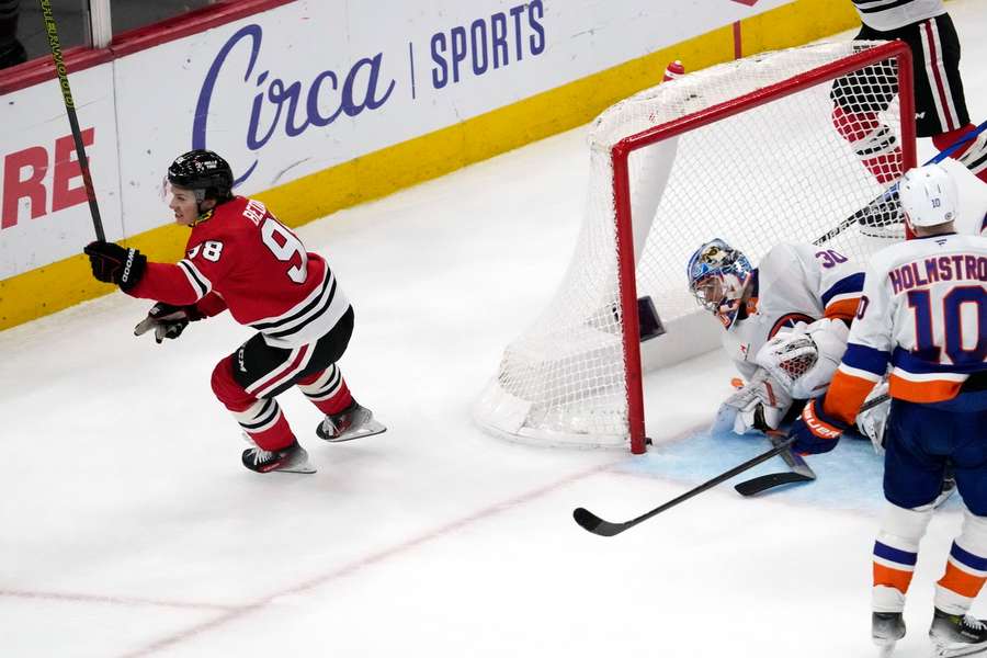 Chicago Blackhawks centre Connor Bedard celebrates after scoring