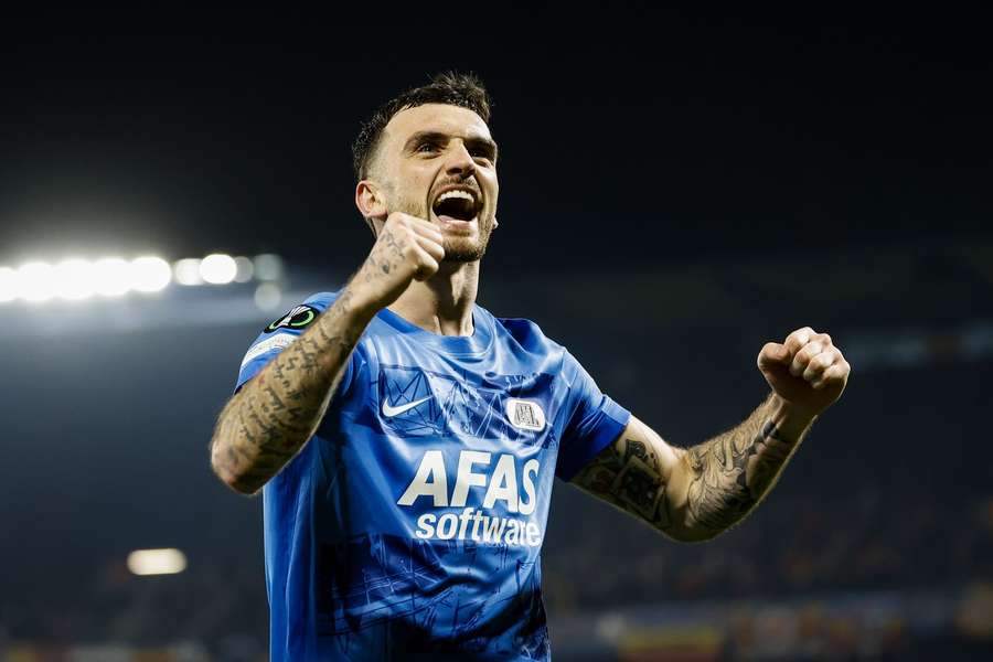 AZ's Troy Parrott celebrates scoring the 2-0 against Sparta Prague