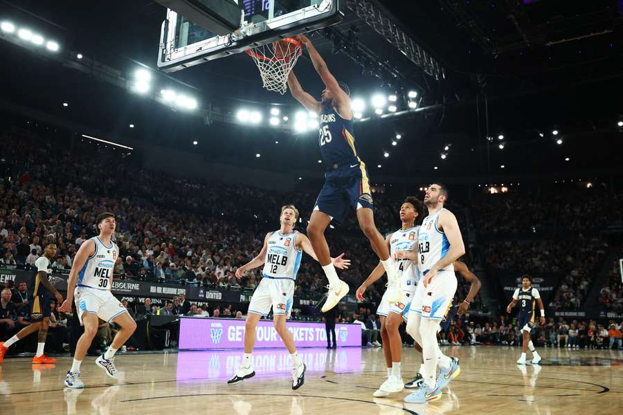 New Orleans' Trey Murphy III (18 points) completes a dunk against Melbourne United on Friday night.