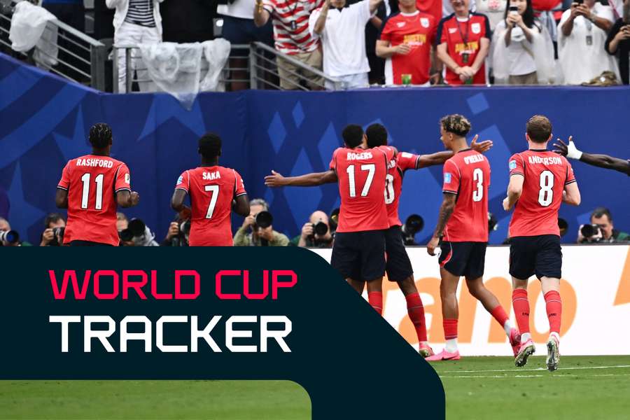 England players celebrate their first goal against Panama on Saturday.