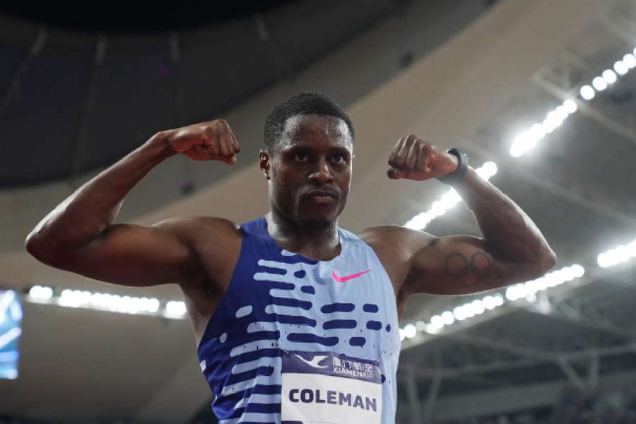 Christian Coleman celebrates after winning the men's 100m final