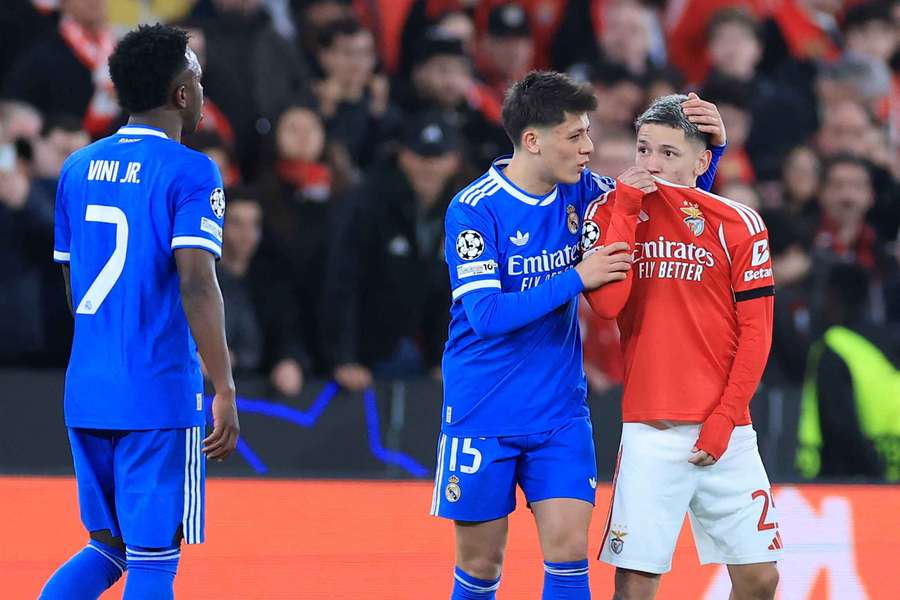 Benfica's Gianluca Prestianni hides his mouth while arguing with Real Madrid's Vinicius Junior Benfica's Gianluca Prestianni hides his mouth while arguing with Real Madrid's Vinicius Junior