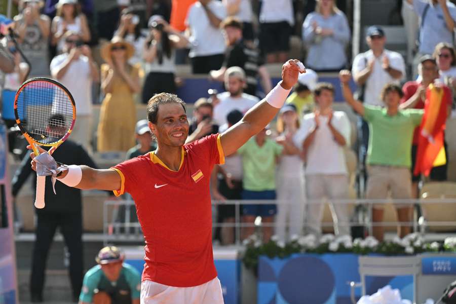 Spain's Rafael Nadal celebrates after beating Hungary's Marton Fucsovics 