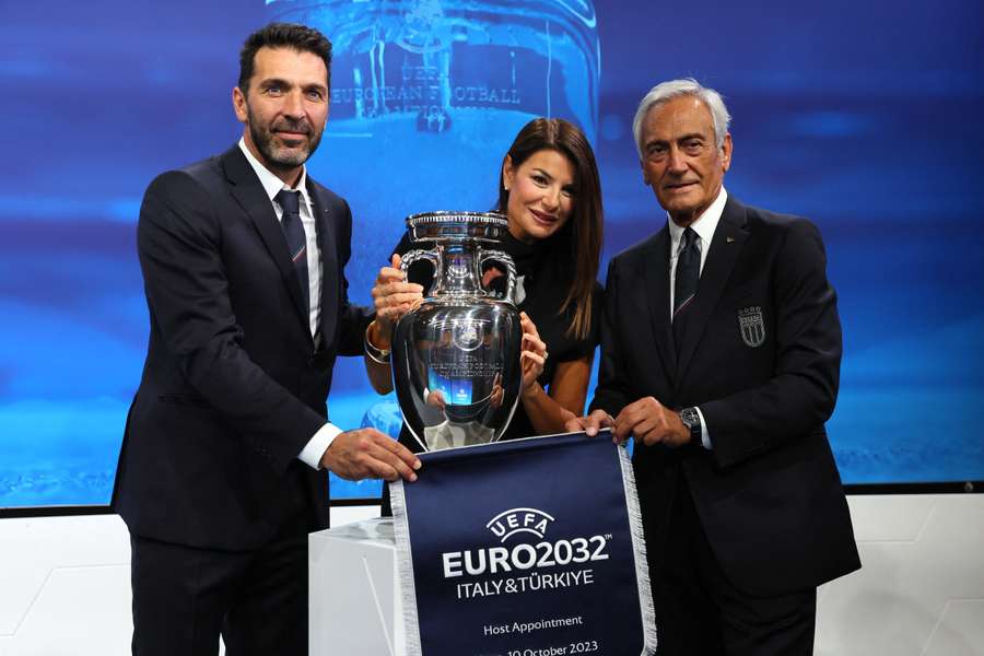 IFF president Gabriele Gravina and delegation chief Gianluigi Buffon pose after Italy and Turkey are announced as the hosts for Euro 2032