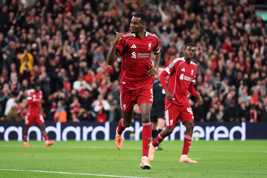 Isak celebrates after scoring his first Liverpool goal