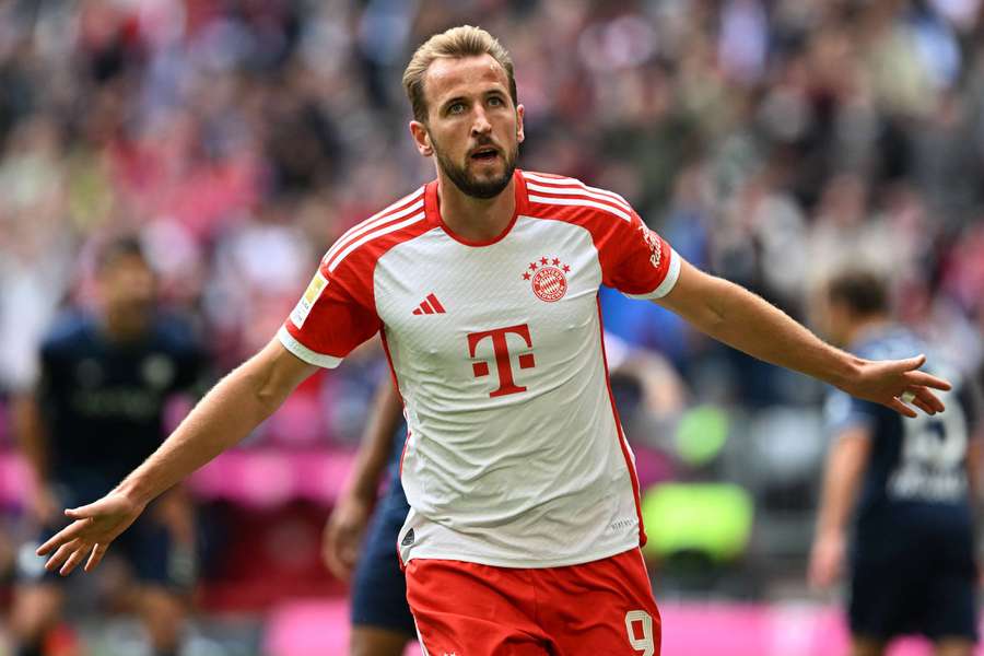 Harry Kane celebrates after scoring Bayern's second goal during their win over VfL Bochum