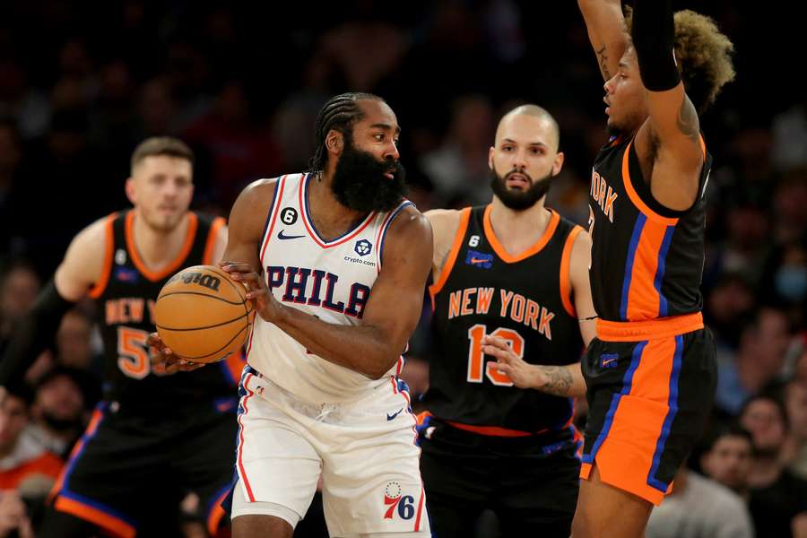 Philadelphia 76ers guard James Harden controls the ball against the New York Knicks