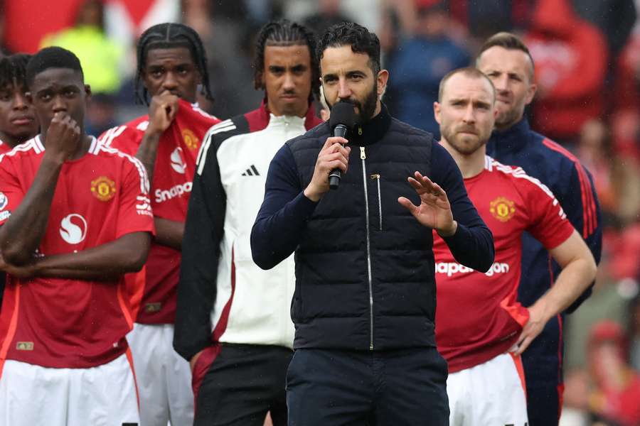 Ruben Amorim speaks to supporters after their final day win over Aston Villa at Old Trafford