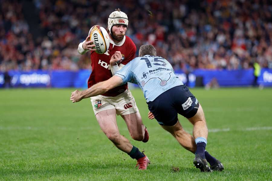 Mack Hansen attacks the line during the British and Irish Lions' tour win over NSW Waratahs.