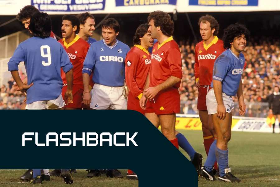 Un'immagine di quell'incontro con Falcao e Maradona sulla destra