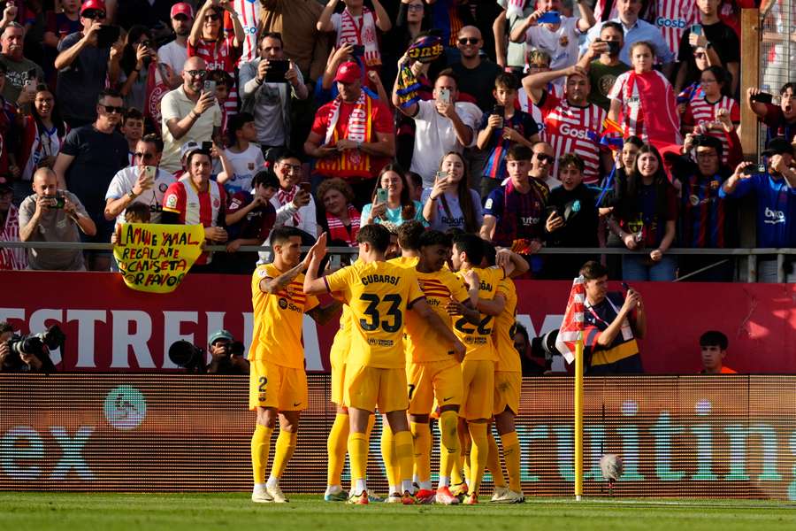 Barca celebrate Lewandowski's goal