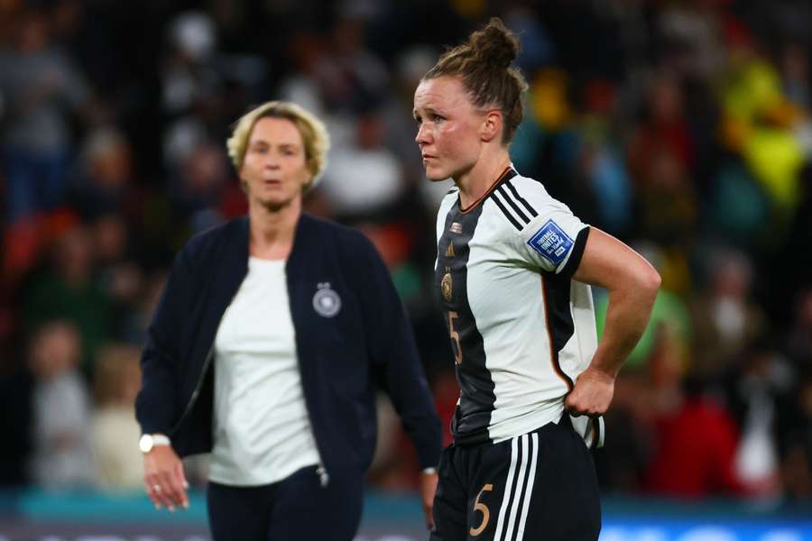 Germany's Marina Hegering leaves the pitch dejected