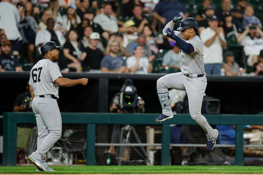 Juan Soto (right) celebrates after hitting a solo home run against the Chicago White Sox