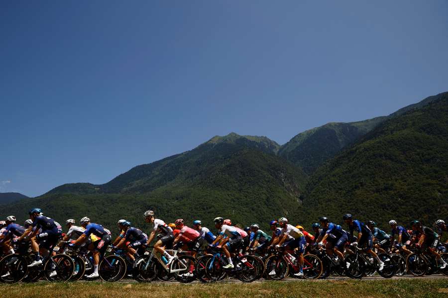 View of the peloton in action during stage 18