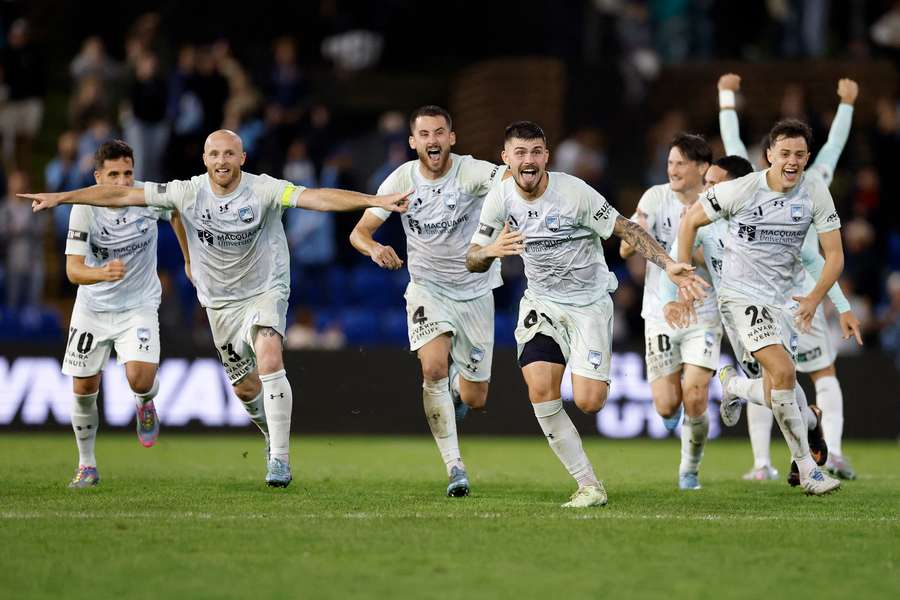Sydney FC players celebrate their dramatic penalty shootout semi-final win over Newcastle Jets. Sydney FC players celebrate their dramatic penalty shootout semi-final win over Newcastle Jets.