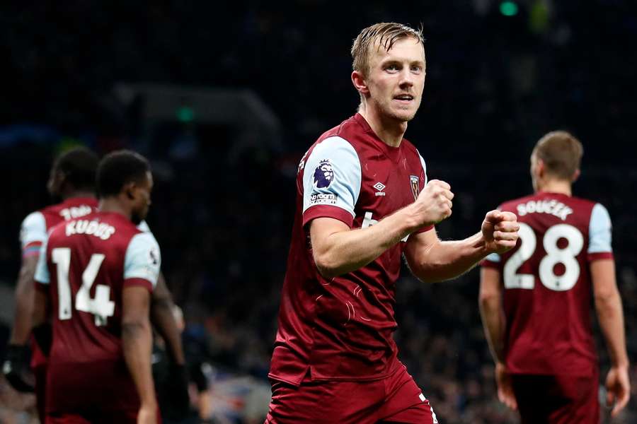 West Ham United's English midfielder #07 James Ward-Prowse celebrates scoring the team's second goal