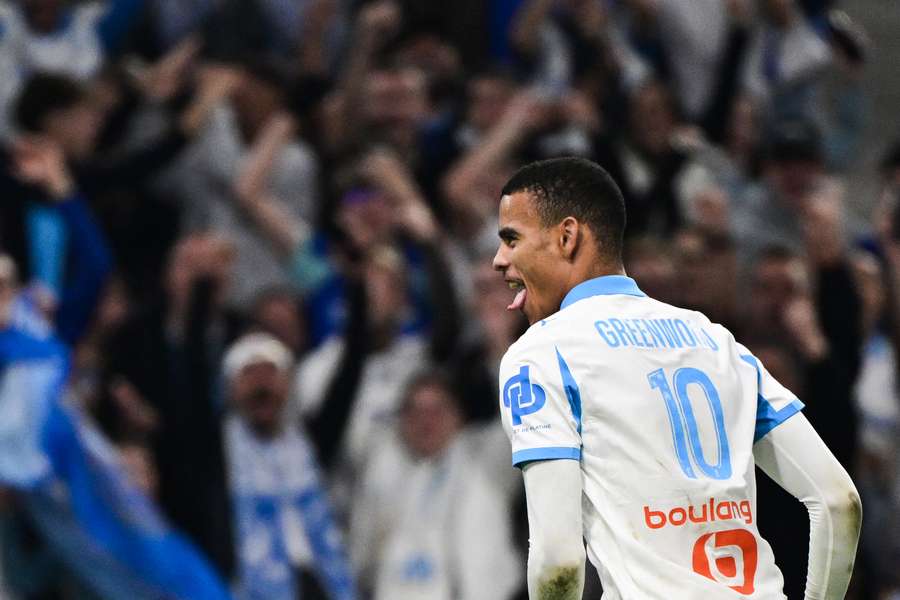 Marseille's Mason Greenwood celebrates after scoring his team's second goal against Le Havre