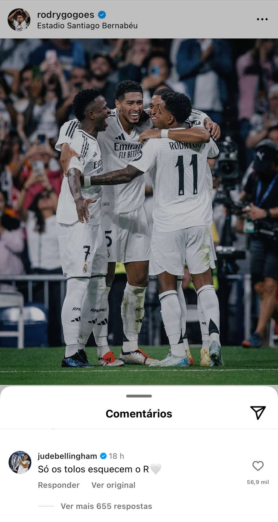 Post de Rodrygo e comentário de Bellingham no Instagram.