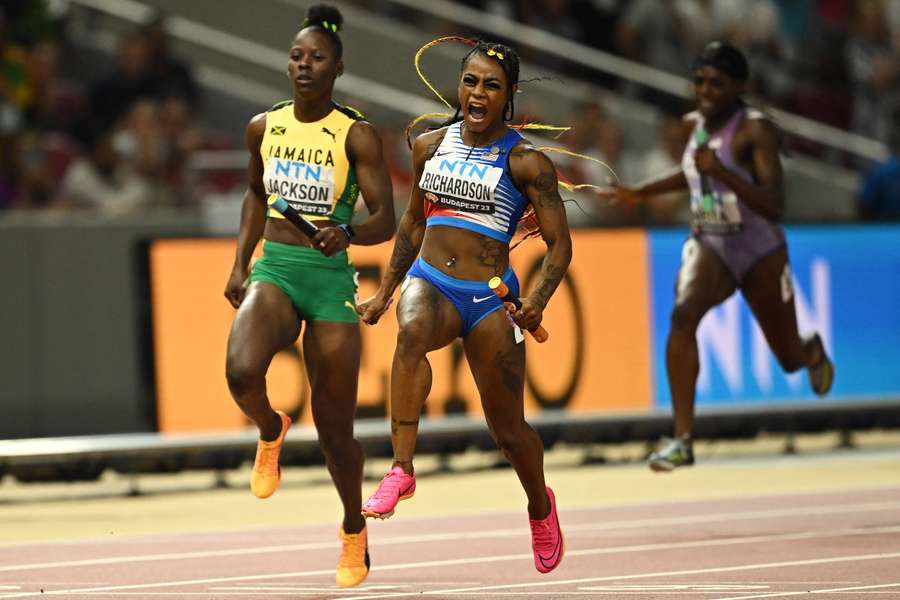 Sha'Carri Richardson, pictured competing in the women's 4x100m relay at the World Athletics Championships in Budapest