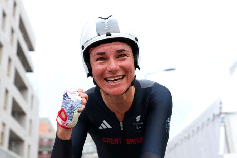 Great Britain's Sarah Storey reacts after winning the women's C5 Individual Time Trial on day seven of the Paris 2024 Paralympic Games