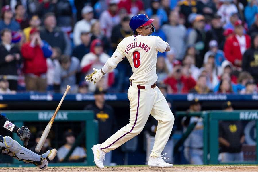 Philadelphia Phillies outfielder Nick Castellanos hits a walk-off RBI single during the ninth inning against the Pittsburgh Pirates 